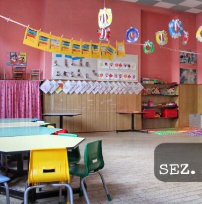 aula di una scuola dell'infanzia con tavoli sedie e decorazioni